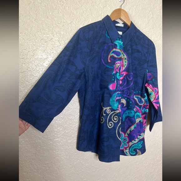 🩷Chicos No Iron paisley navy women’s sz 2 Large button back shirt 3/4 sleeves - Picture 7 of 7